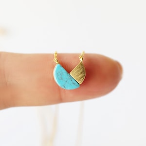 Turquoise and Gold Geometric Two Tone Pendant Necklace: Half-Moon