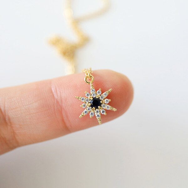 Gold North Star with Montana Navy CZ Stone Charm Necklace, Navy Stone North Star Necklace,Bridesmaid Gift,Birthday Gift,Star Necklace