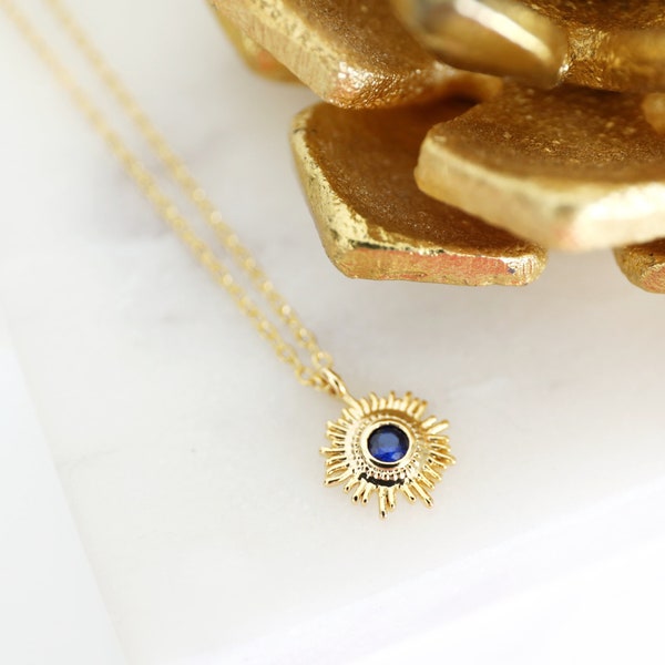 Blue Stone Sun Pendant Necklace, Dark Blue Stone Necklace,Birthday Gift, Layered Necklace,Minimalist Necklace