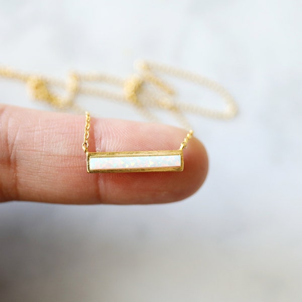 Opal Stone Bar Necklace, Gold Framed Opal Stone Bar Necklace, Gold Bar Necklace, Bridesmaid Gift, Gemstone Necklace, Birthday Gift