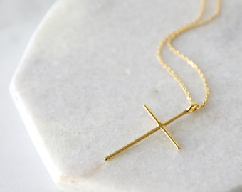 Gold Skinny Cross Pendant Necklace: Gold Plated Brass
