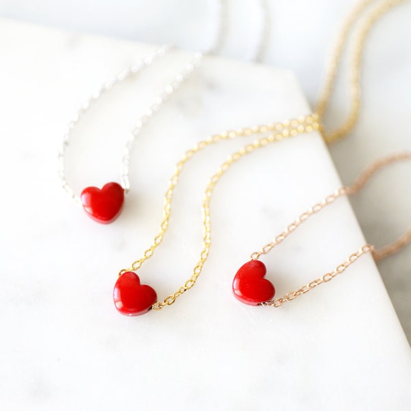 Tiny Red Heart Necklace,  Small Heart Necklace,Bridesmaid Gift, Bridal Shower Gift, Flower Girl Necklace, Birthday Gift