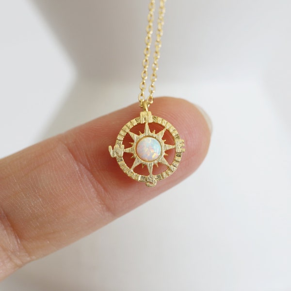 Compass Necklace, Gold Compass with Opal Stone Charm Necklace, Minimalist Necklace,Layered Necklace
