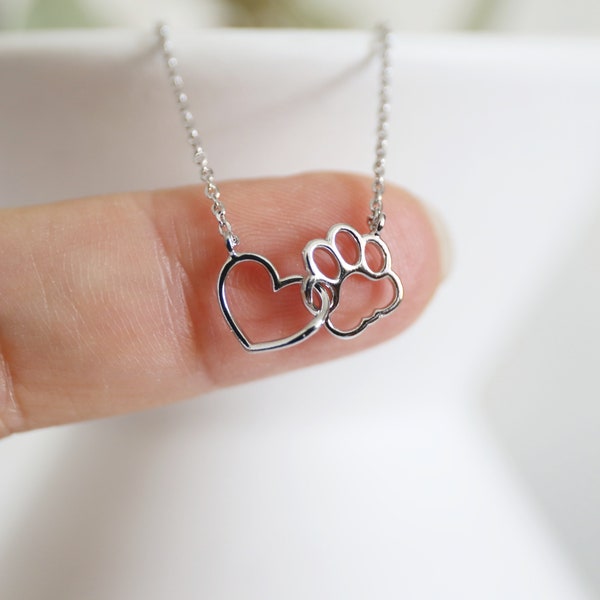 Dog Paw Necklace, Dog Paw and Heart Linked Charm Necklace, Heart and Dog Paw Necklace, Dainty Necklace