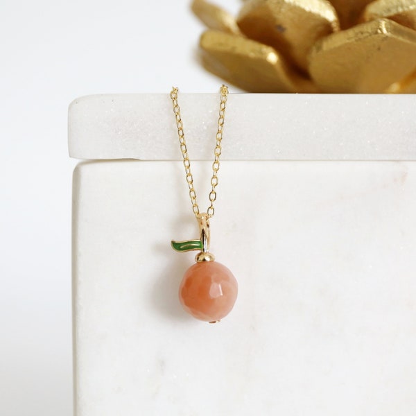 Dainty Peach Moonstone Charm Necklace, Peach Charm Necklace,Bridesmaid Gift,Birthday Gift, Peach Necklace