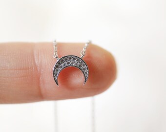 Dainty Rhinestone Crescent Moon Necklace: Silver Plated, 16.5" Chain