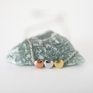 Dainty Hearts with Silver Chain Necklace, 3Hearts Necklace,Multi Color Hearts Charm Necklace, Three Hearts Necklace, Sister Necklace