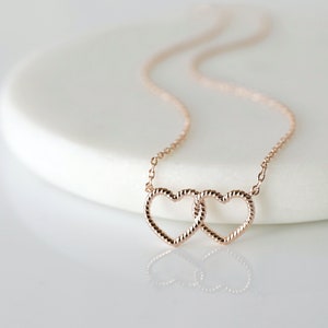 Rose Gold Dual Hearts Necklace, Linked Hearts Necklace, Two Linked Hearts Necklace,Mothers Day Gift-