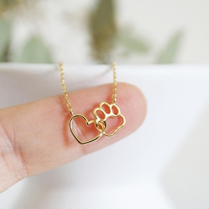 Dog Paw Necklace, Dog Paw and Heart Linked Charm Necklace, Heart and Dog Paw Necklace, Dainty Necklace