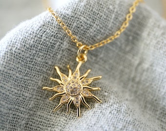 Sun Necklace, Gold Sun with CZ Stone Necklace, Dainty Sunburst Necklace,Bridesmaid Gift,Birthday Gift,Graduation Gift