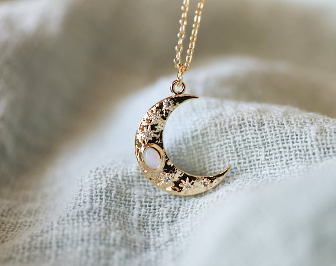 Gold Moon Necklace: Opal Stone Celestial Pendant