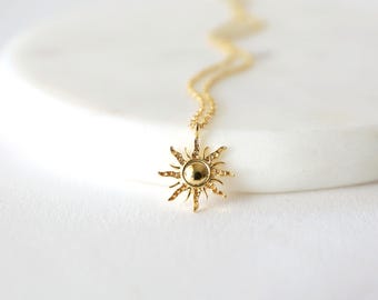 Gold Sunburst Pendant Necklace: Dainty Layering Sun Necklace