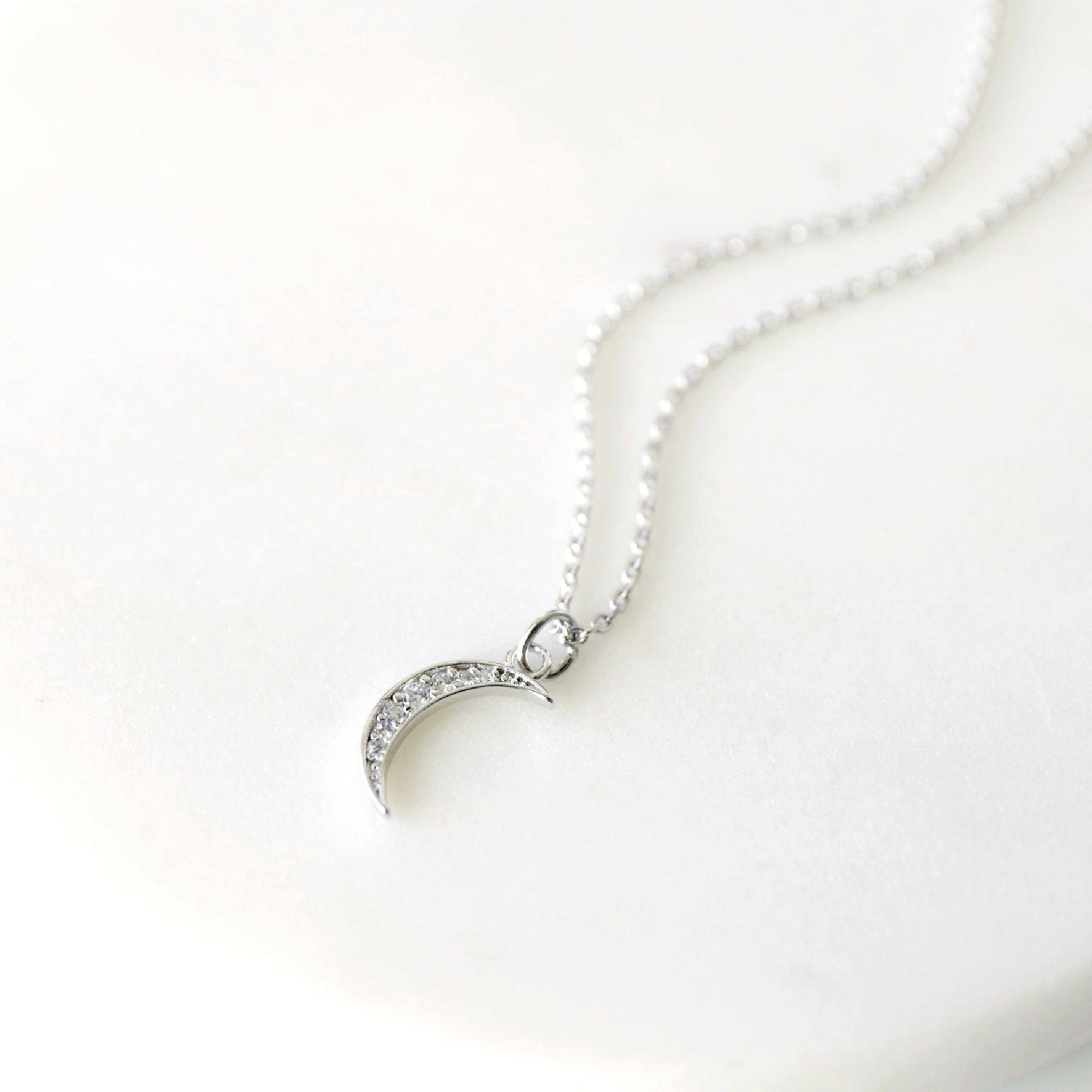 Silver CZ Stone Crescent Moon Necklace, Dainty Necklace