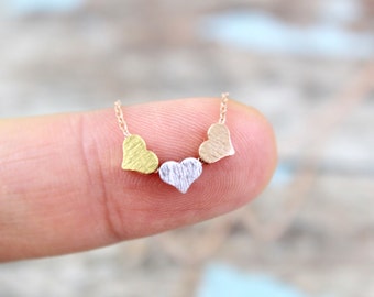 Tiny 3 Hearts with Rose Gold Chain Necklace, Triple Hearts Charm Necklace, Three Wishes Necklace,Bridesmaid Gift, Dainty Necklace