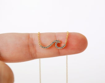 Gold Cubic Stone Wave Necklace, Surf Pendent Necklace , Dainty Necklace, Birthday Gift, Ocean Wave Necklace