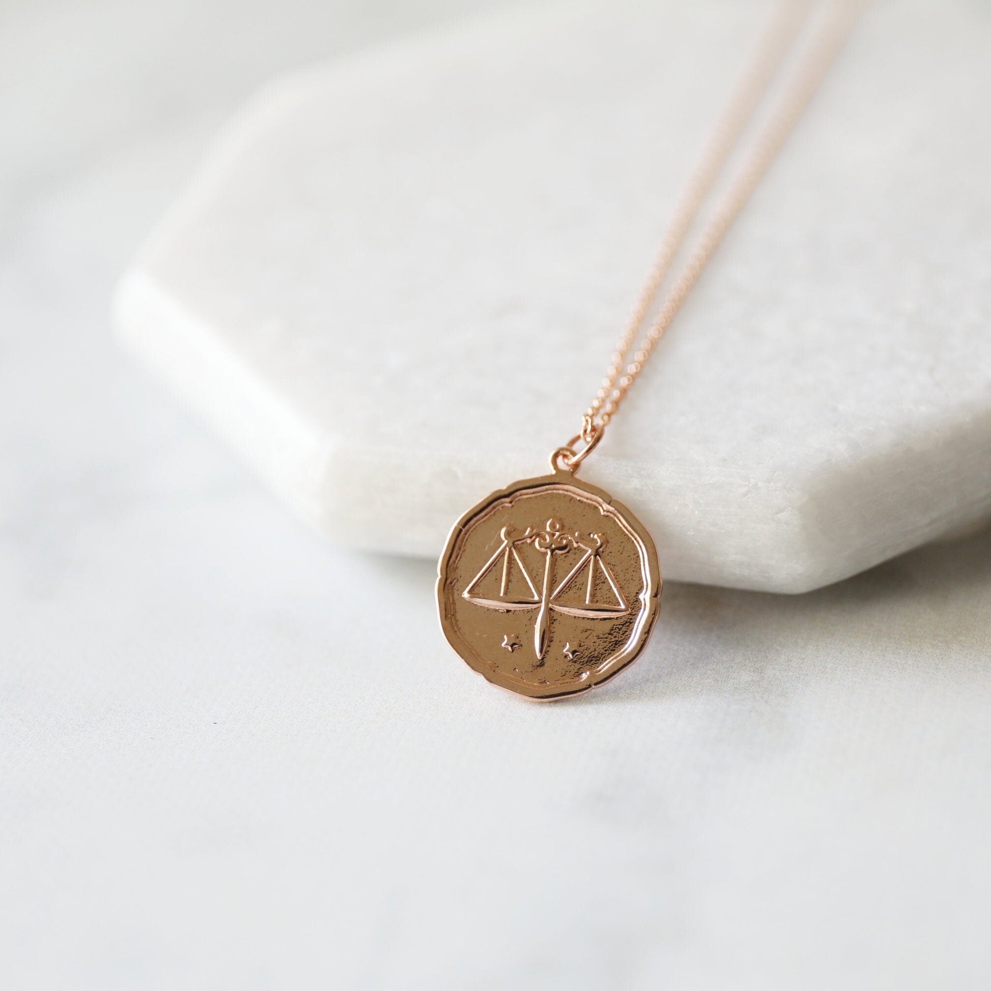 Rose Gold Libra Sign Coin Necklace 
