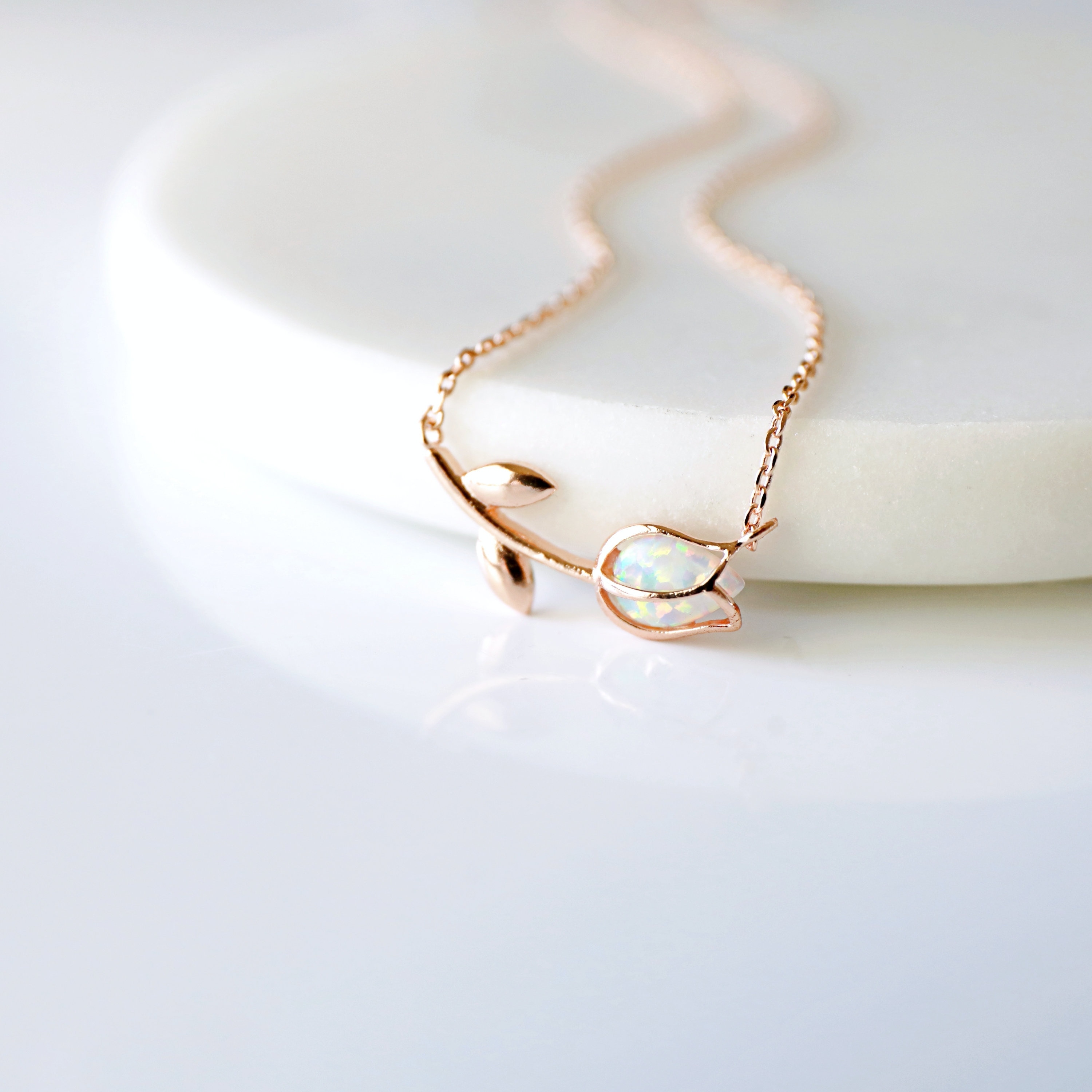 Tulip Necklace, Opal Stone Rose Gold Tulip Necklace, Flower