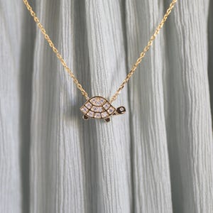 Dainty Gold Turtle Necklace: CZ Stone Pendant, 16-18&quot; Chain