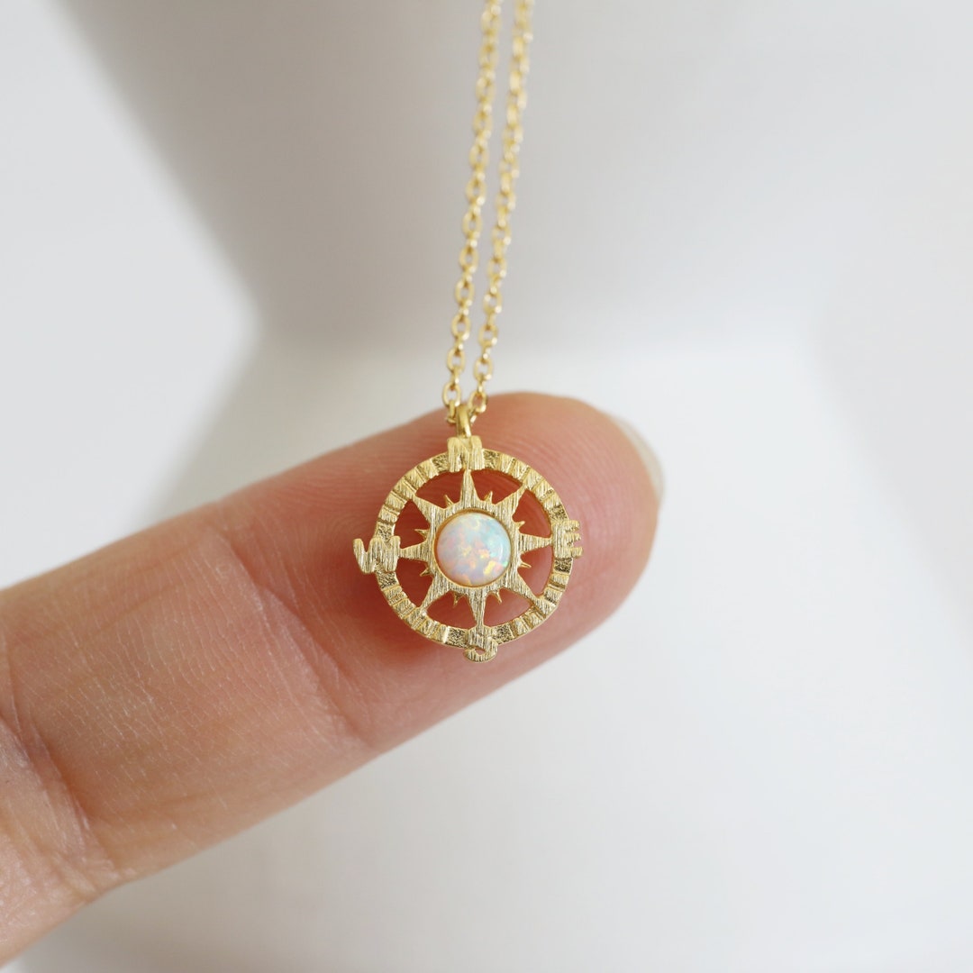 Compass Necklace, Gold Compass With Opal Stone Charm Necklace