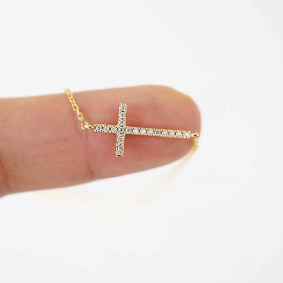 Cross Necklace Dainty Gold Rhinestone 