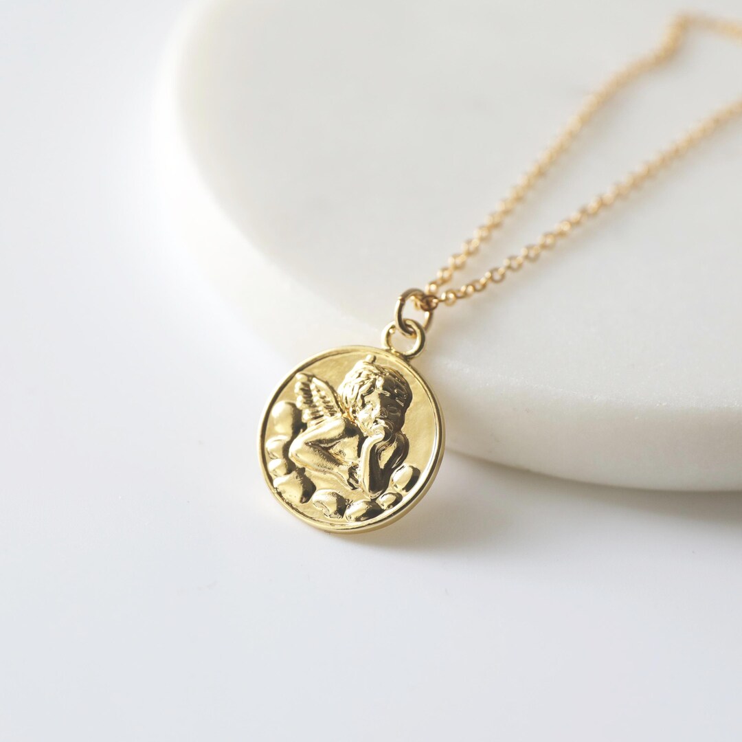 Gold Angel Coin Pendant Necklace Graduation Birthday Gift Etsy