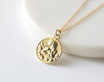 Gold Angel Coin Pendant Necklace: Graduation, Birthday Gift