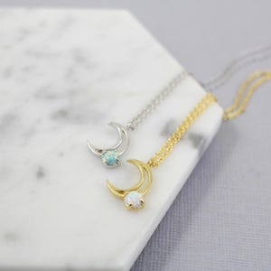 Dainty Necklace, Gold Crescent Moon With Opal Stone Necklace, Moon ...
