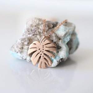 Rose Gold Monstera Leaf Necklace, Tropical Leaf Charm Necklace, Bridesmaid Gift, Minimalist Necklace, Birthday Gift