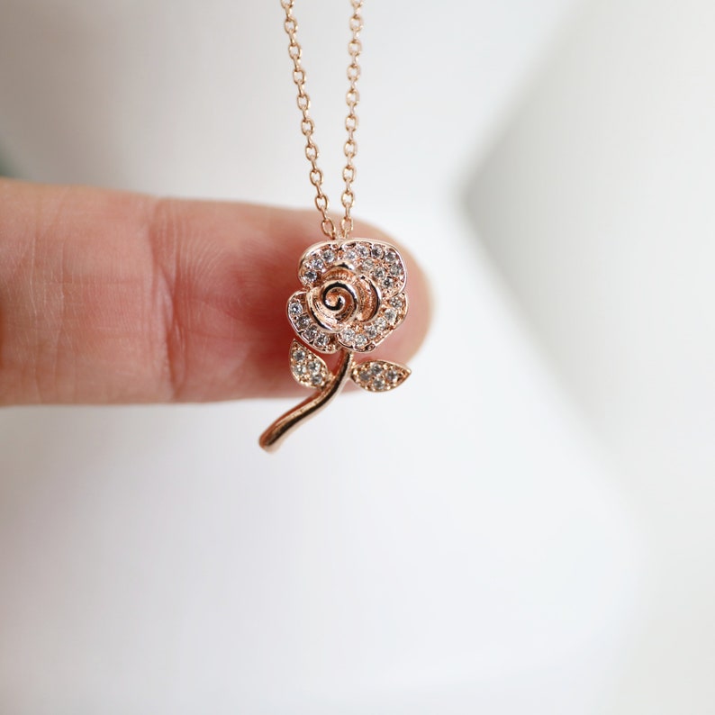 Flower Necklace, Dainty Rose Gold CZ Stone Flower Pendant Necklace,Rose Flower Necklace, Birthday Gift, Graduation Gift, Layered Necklace image 1