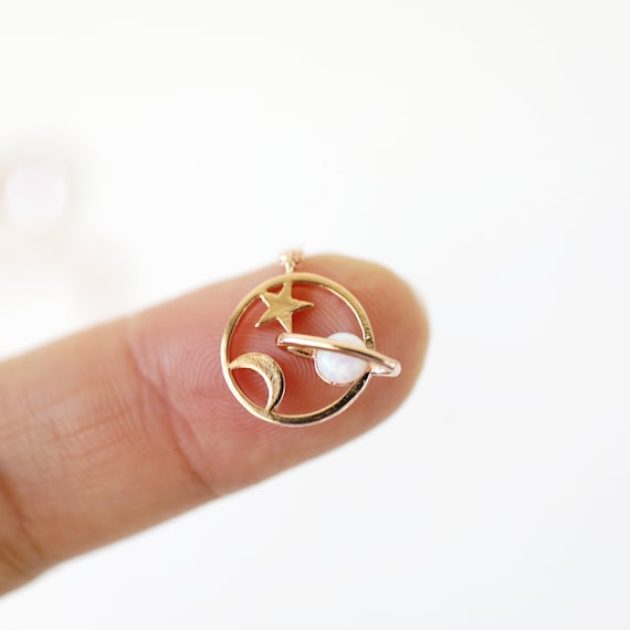 Super Tiny Saturn Necklace Tiny Opal Stone Pendent Necklace | Etsy