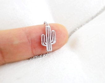 Dainty Silver Cactus Necklace, Desert Charm Jewelry