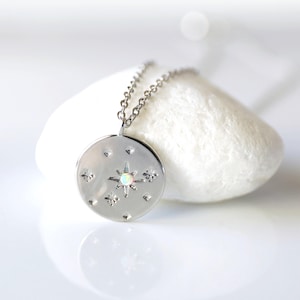 Silver Opal Stone Star Round Charm Necklace, Opal Stone Necklace, Star Necklace,Coin Necklace,Birthday Gift,North Star Necklace