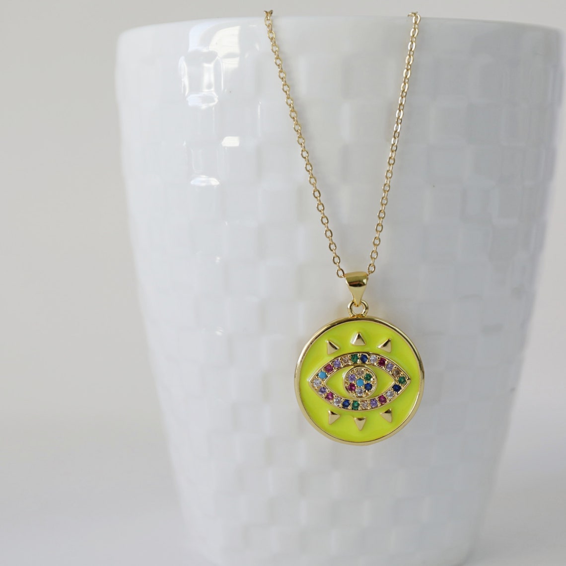 Mehrfarbiger Stein Neon Gelb Emaille Evil Eye Anhänger | Etsy
