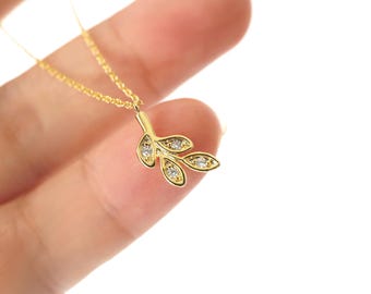 Dainty Gold Leaf Necklace, Cubic Zirconia Stone Pendant