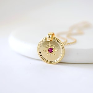 Ruby CZ Medallion Necklace: Gold Plated Charm, Layered Jewelry