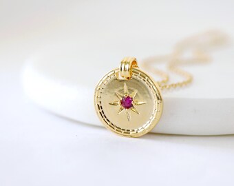 Ruby CZ Medallion Necklace: Gold Plated Charm, Layered Jewelry