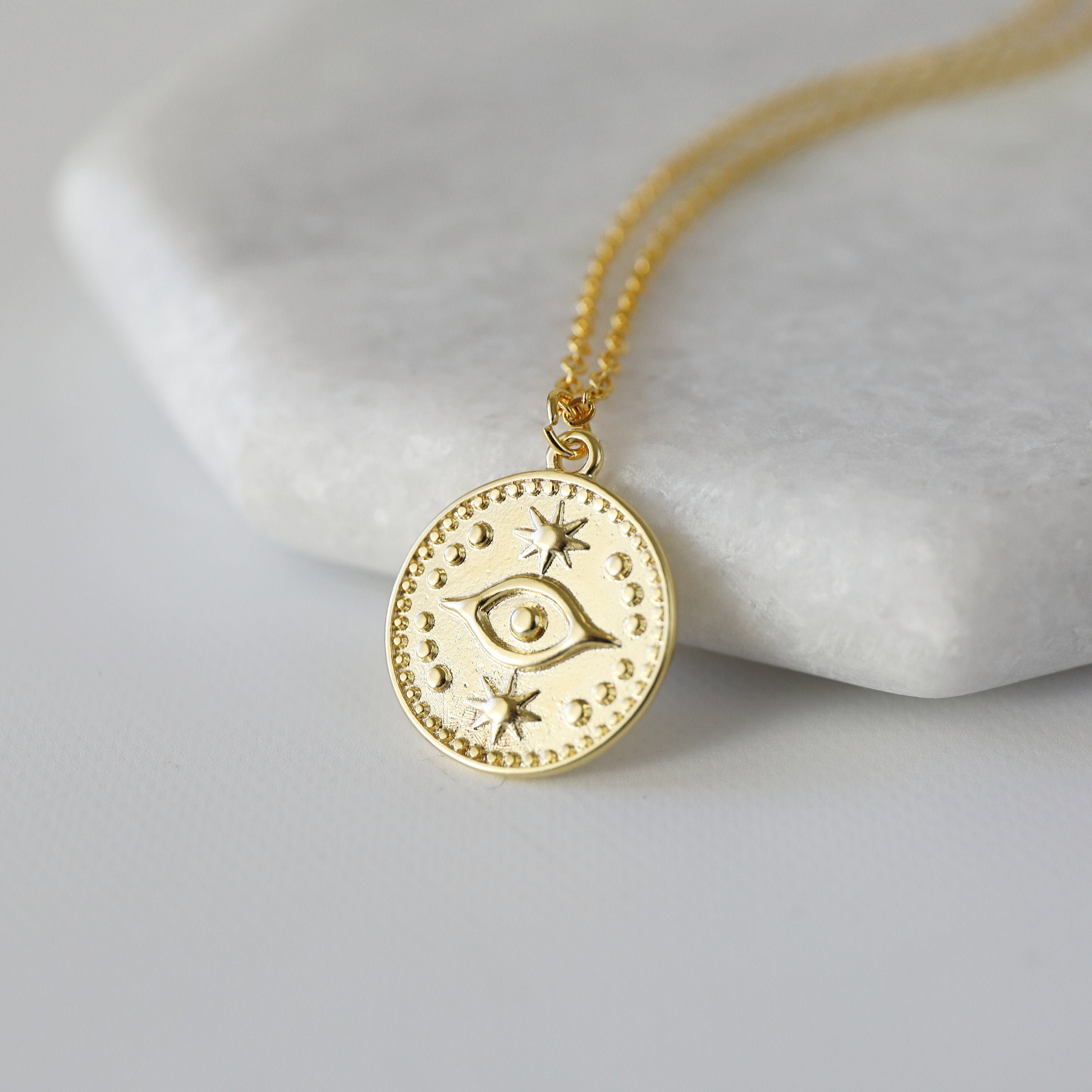 Dainty Gold Evil Eye Coin Necklace Evil Eye Necklace Gold Etsy