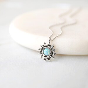 Blue Opal Silver Sun Charm Necklace, Dainty Sunburst Necklace,Bridesmaid Gift,Birthday Gift,Graduation Gift, Mothers Day Gift