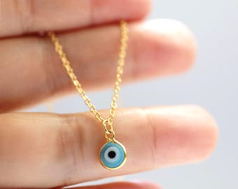 Dainty Sky Blue Evil Eye Necklace: Gold Plated Charm