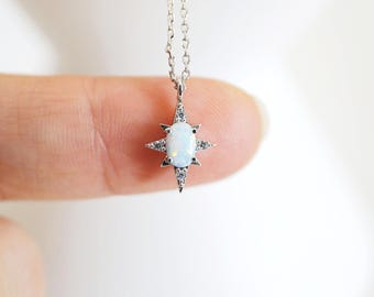 Opal North Star Necklace: Dainty Celestial Silver Color Jewelry