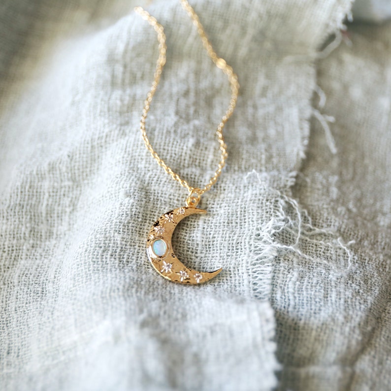 Dainty Moon Necklace, Gold Moon with Opal Stone Pendant Necklace, Moon Necklace, Birthday Gift, Celestial Necklace image 6