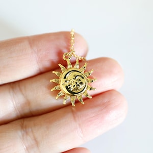 Gold Sun and Moon Face Pendant Necklace: Celestial Jewelry