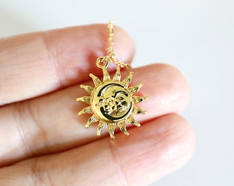 Gold Sun and Moon Face Pendant Necklace: Celestial Jewelry