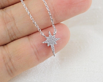 Dainty Rose Gold North Star Necklace: CZ Charm, 16.5" Chain