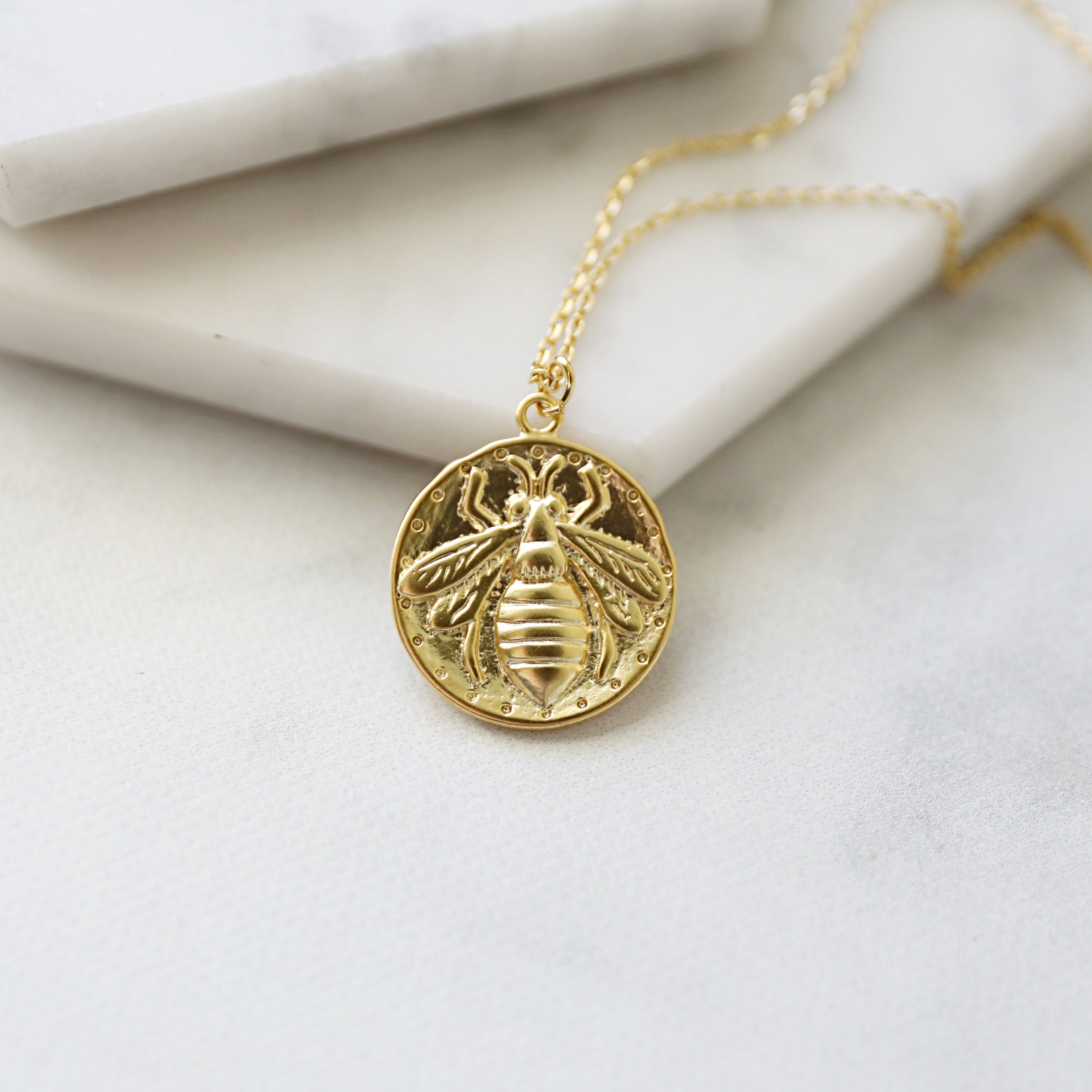 Bee Coin Necklace Gold Bee Pendant 