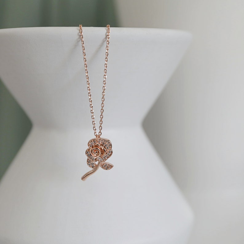 Flower Necklace, Dainty Rose Gold CZ Stone Flower Pendant Necklace,Rose Flower Necklace, Birthday Gift, Graduation Gift, Layered Necklace image 4