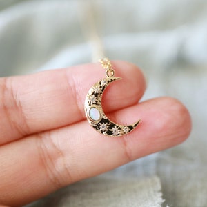 Dainty Moon Necklace, Gold Moon with Opal Stone Pendant Necklace, Moon Necklace, Birthday Gift, Celestial Necklace image 2