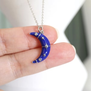 Blue CZ Moon Necklace: Rhodium Silver Chain, Celestial Pendant