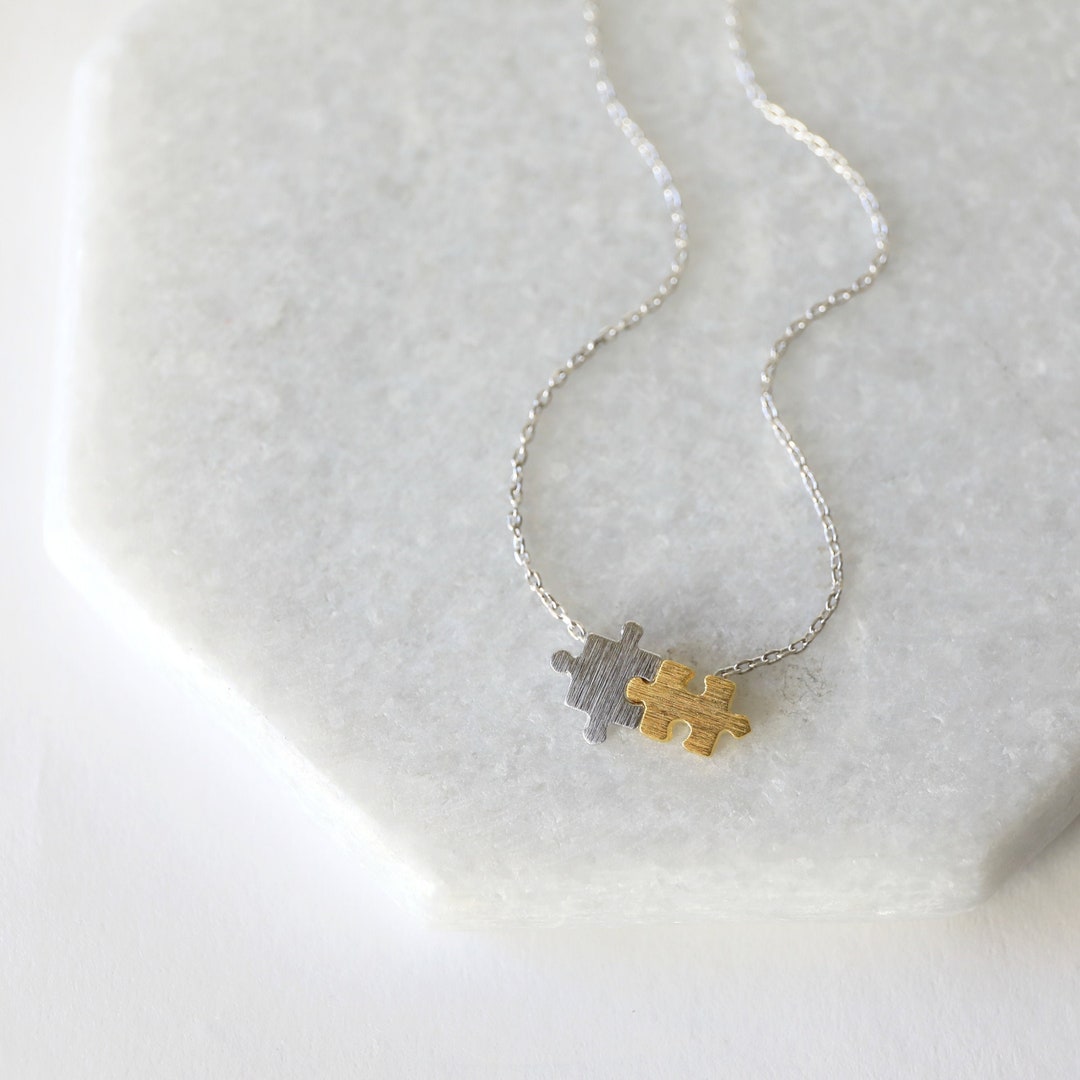 Silver and Gold Tiny Puzzle Charm Necklace, Dainty Puzzle Silver Chain