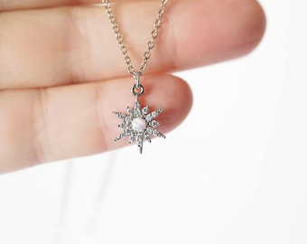 Opal North Star Necklace: Silver Crystal Starburst Charm